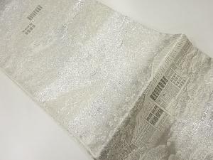 アンティーク　プラチナ銀箔ふくれ織橋に松家屋風景模様織出し袋帯（材料）
